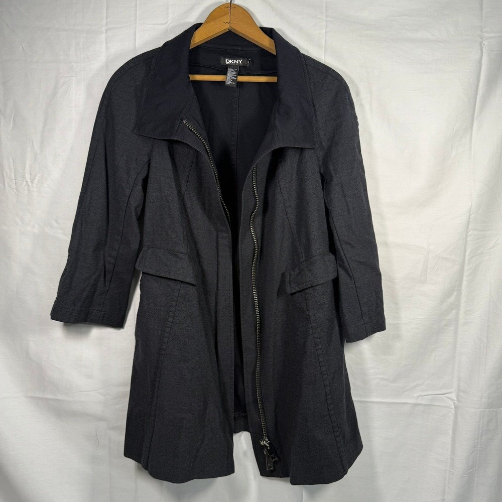DKNY Wool Blend Coat Women's P Gray 3/4 Sleeve Zip Front Career Jacket